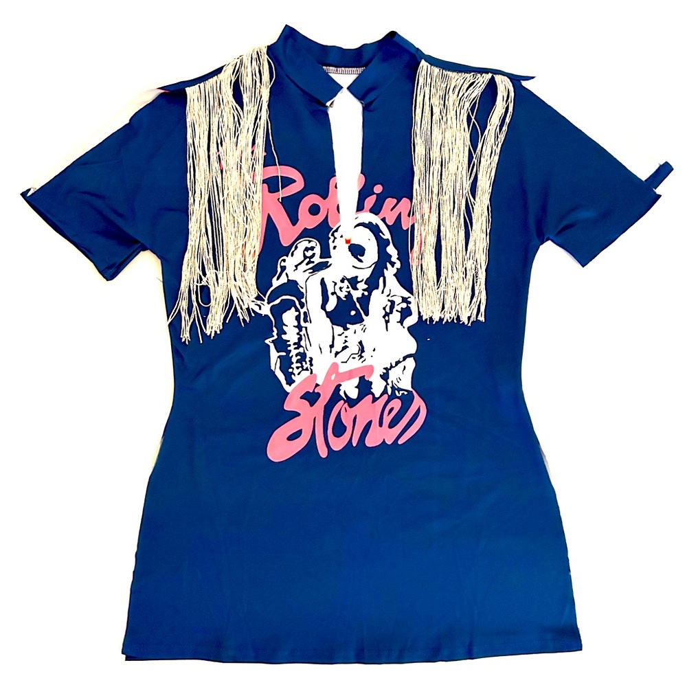 Graphic Music Band T Shirt with Silver Fringe
